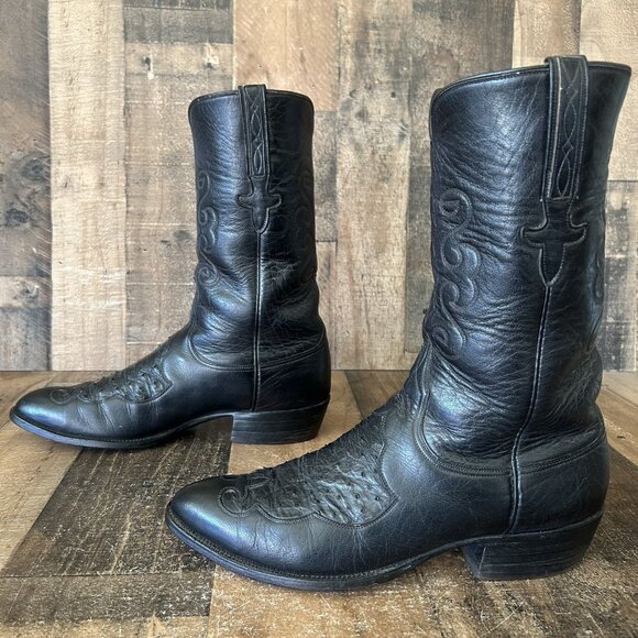 Lucchese San Antonio Vintage Ostrich Inlay Black Cowboy Boots Mens 10.5 D - Picture 12 of 12